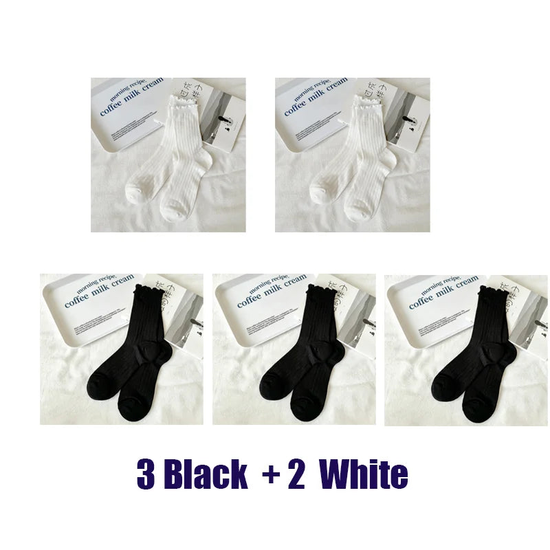 5 Pairs/Lot Women Hollow Mesh Tube Socks Ear Fungus Edge Socks Ins Trendy Spring Summer Loose Mouth Thin Style Girls Pile Socks - Matrix Studios