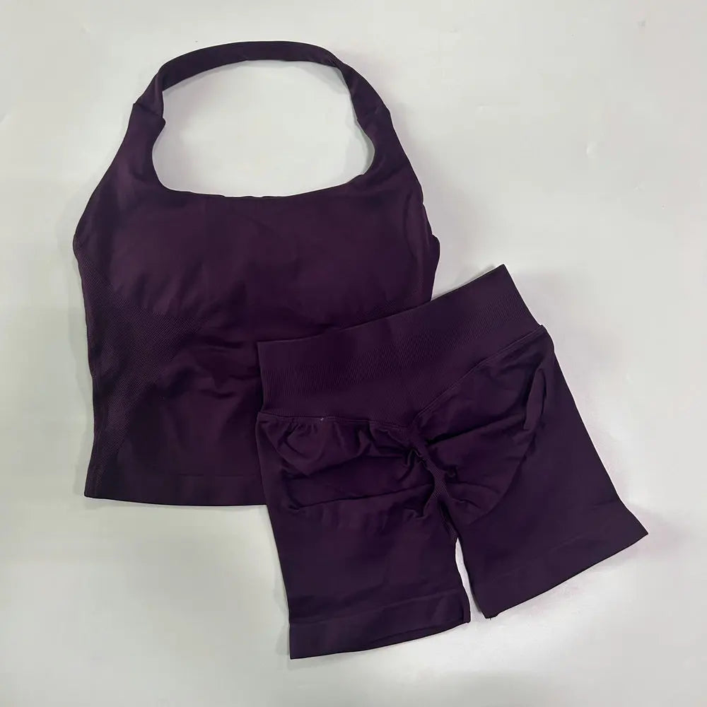 No Logo 2 Pieces Sports Set Women Backless Tank Tops High Waist Scrunch Seamless Shorts Gym Set Sportswear Workout Set Yoga - Matrix-studios.com