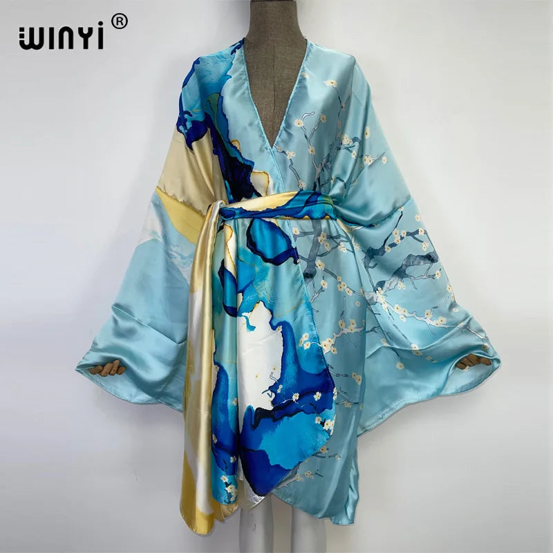 2022 WINYI Summer Beach Wear Swim Suit Cover Kaftan Sweet Lady Boho Cardigan Stitch Self Belted Sexy Holiday Long Sleeve Kimono - Matrix Studios