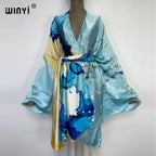 2022 WINYI Summer Beach Wear Swim Suit Cover Kaftan Sweet Lady Boho Cardigan Stitch Self Belted Sexy Holiday Long Sleeve Kimono - Matrix Studios