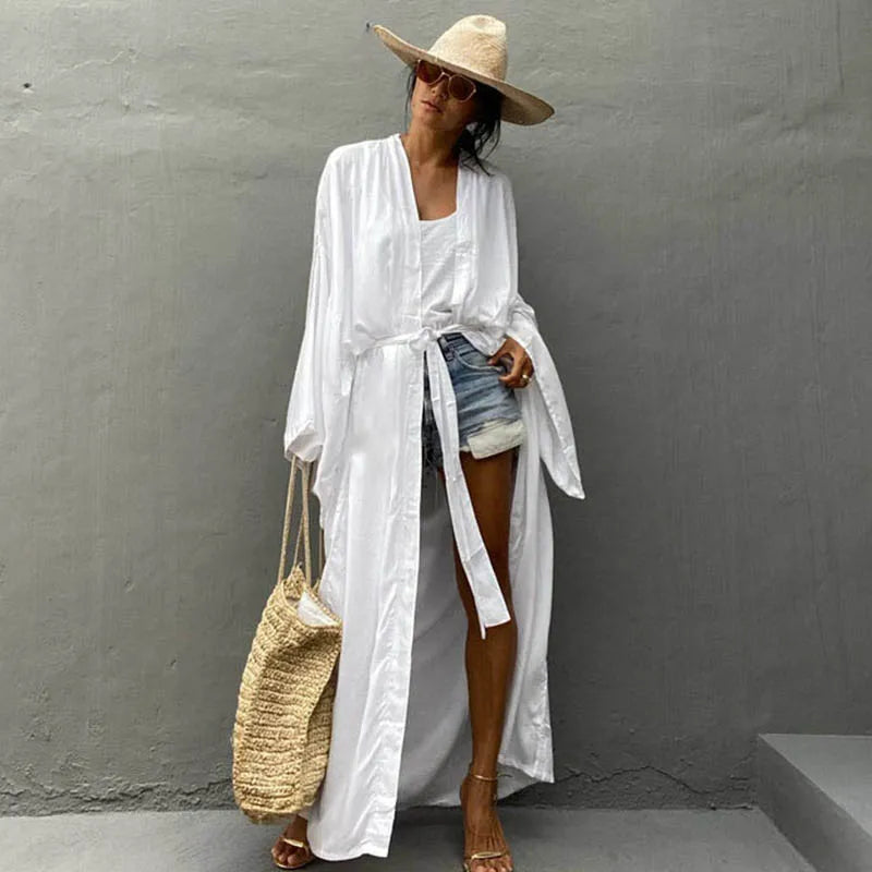 Solid Beach Cover Up Women Self Belted Wrap Kimono Dress Swimsuit 2025 New Robe Summer Beachwear Factory Supply - Matrix-studios.com
