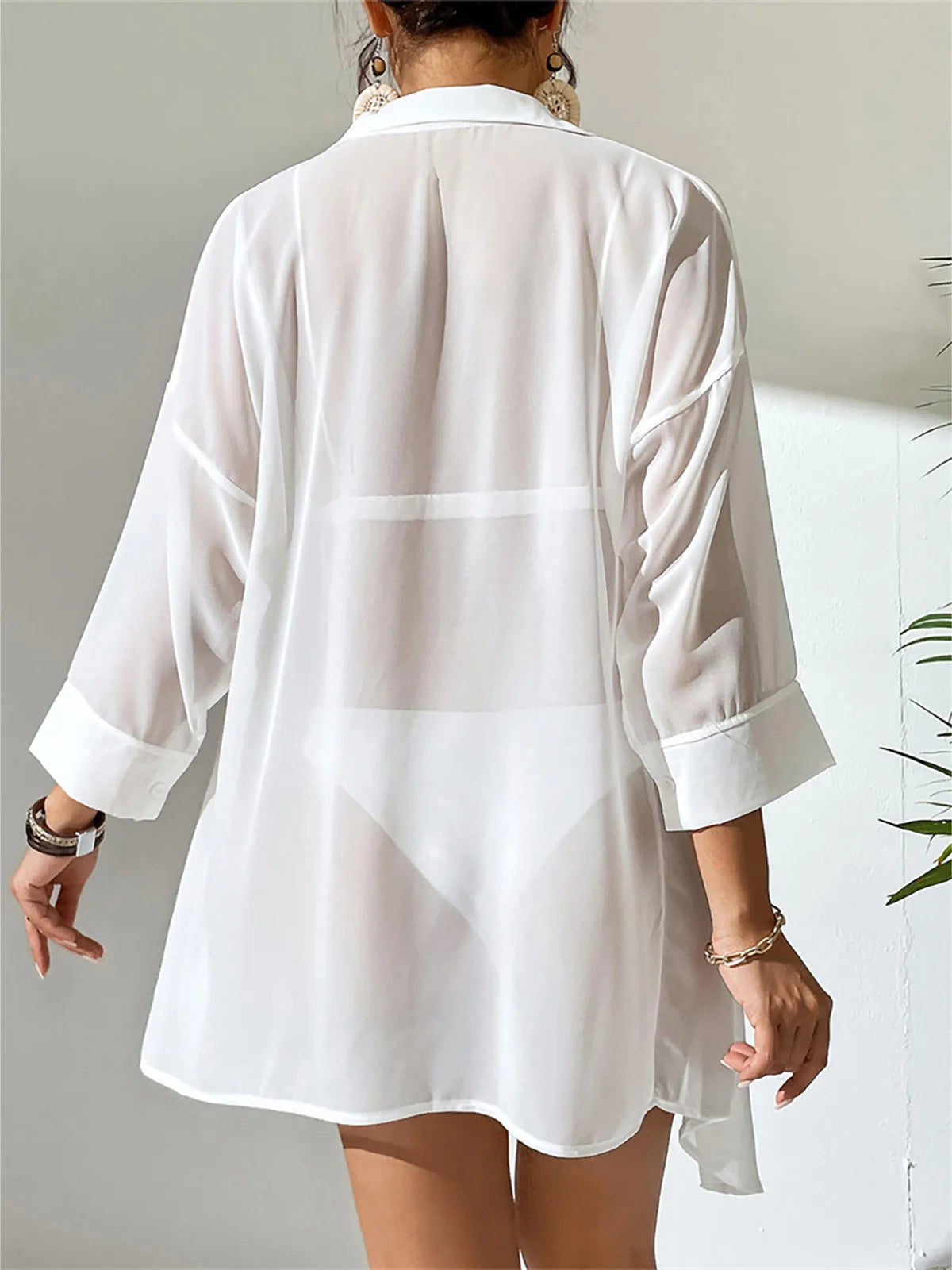 New Summer White Shirt Long Sleeve Top Blouse Tunic Beach Cover Up Cover-ups Beach Dress Beach Wear Beachwear Female Women K4777 - Matrix Studios