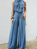 Pant Suit Halter Neck Tie Sleeveless Chest Pocket High Waist Pleated Wide Leg Trousers Matching Outfit For Women Vacation Daily Elegant Wear - Matrix-studios.com