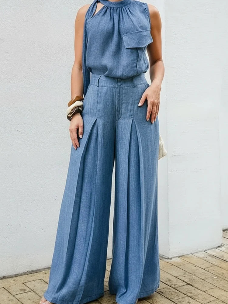 Pant Suit Halter Neck Tie Sleeveless Chest Pocket High Waist Pleated Wide Leg Trousers Matching Outfit For Women Vacation Daily Elegant Wear - Matrix-studios.com