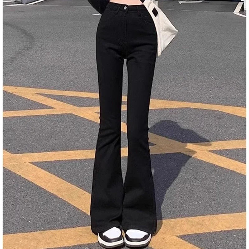 Woman American High Waist Slim Fit Bell Bottom Jeans Female Fashion Y2k Flare Pants Girls Elastic Designer Black Denim Trousers - Matrix-studios.com