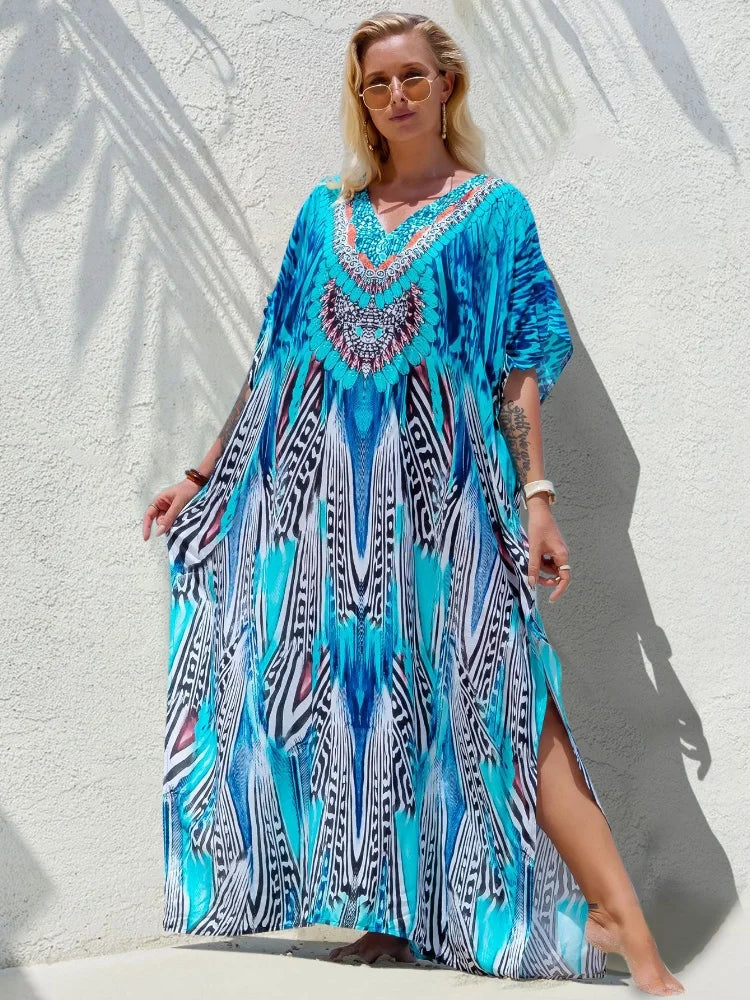 2024 Moroccan Plus Size Kaftan Bohemian Printed Summer Dress Cozy Long Tunic Women House Robe Beachwear Swimsuit Cover Up Q897 - Matrix Studios