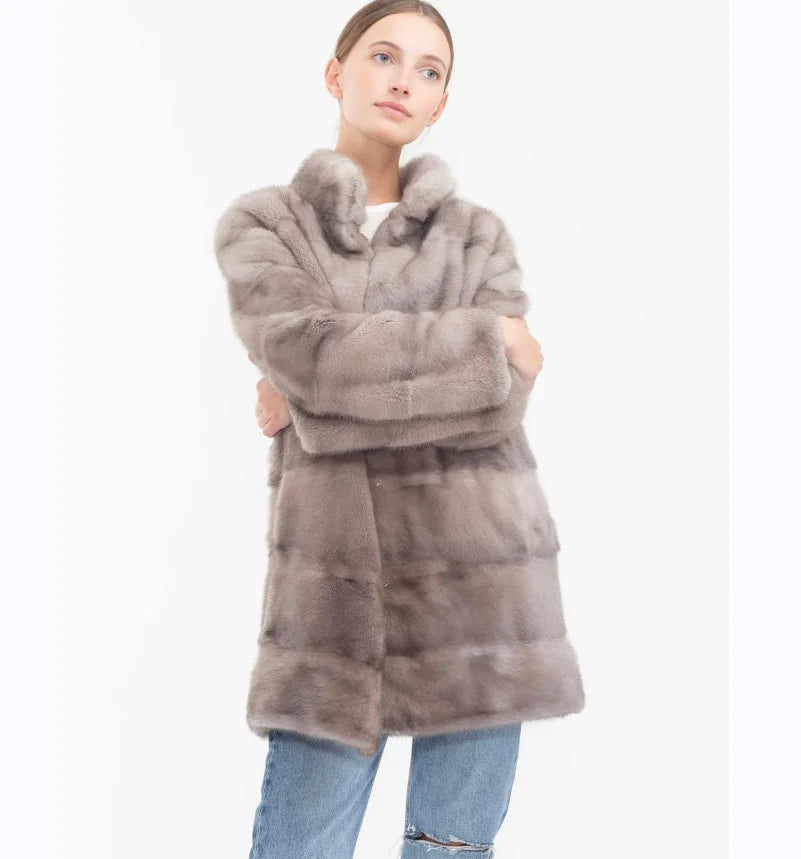 Oversized Mink Fur Coat for Women, Natural Fur Coat, Thick Long Leather Jacket for Ladies, Detachable, Winter, New, 2023 - Matrix Studios