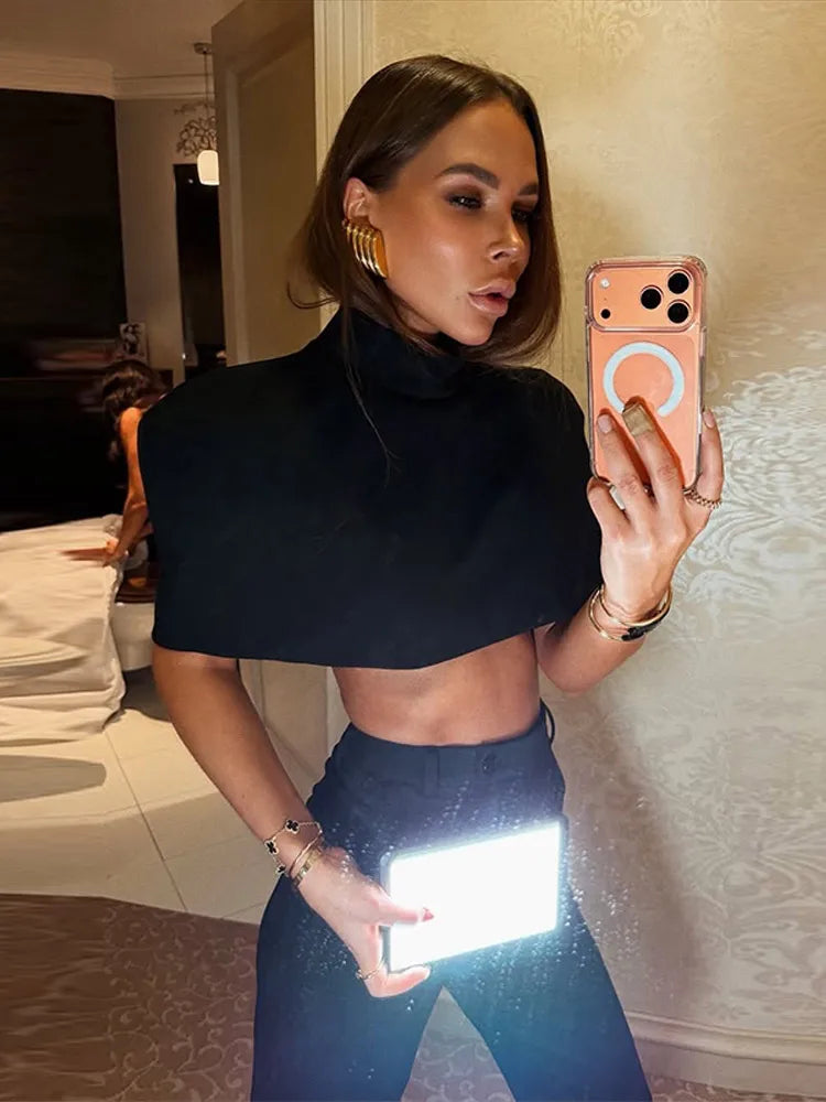 Elegant Women Shawl Cropped Top Shoulder Pads Stand Collar Short Sleeve Black Female T-shirt 2026 Spring Summer Lady Partywear - Matrix-studios.com