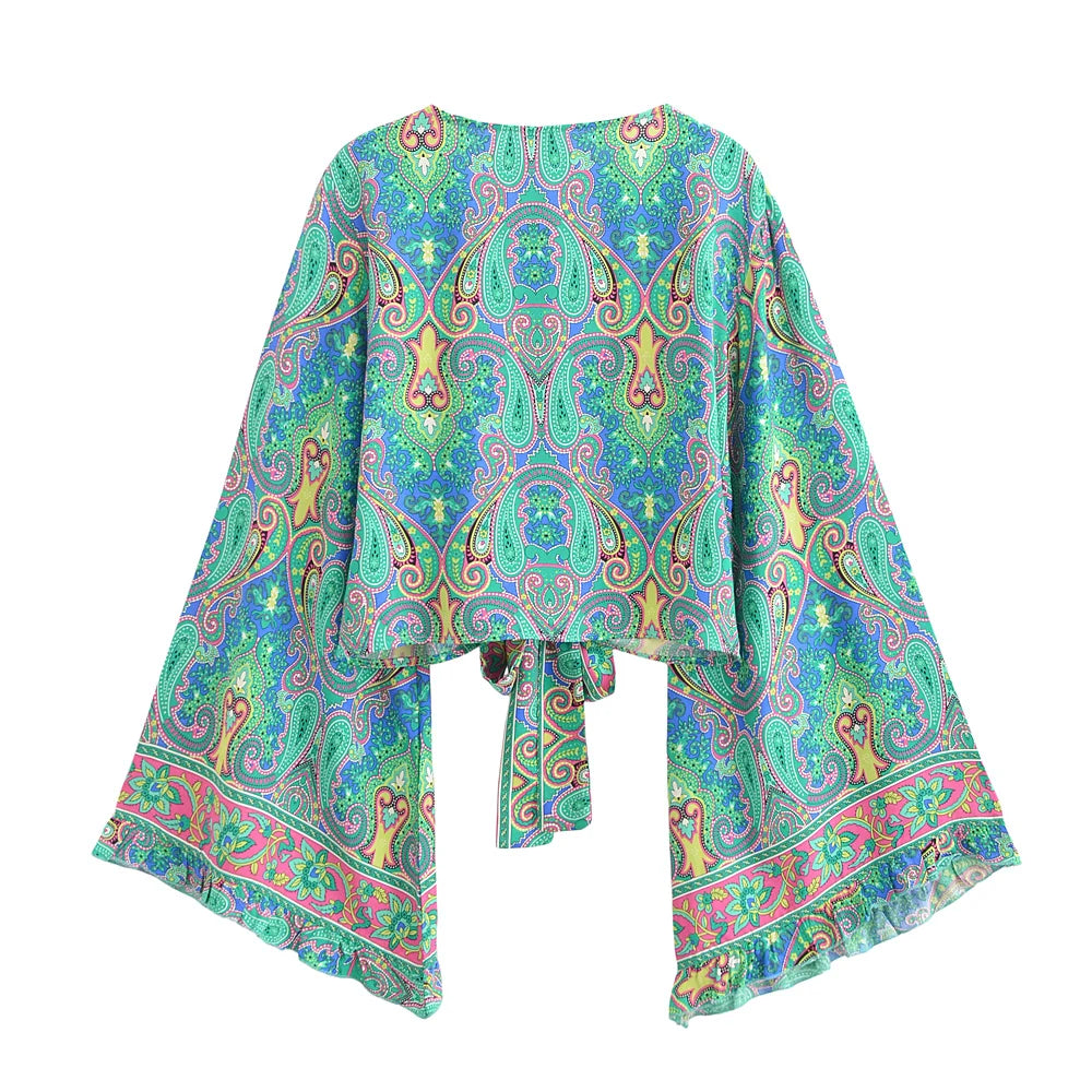 Boho Queens Women Wild Star and Moon Floral Beach Summer Short Kimono Ruffles Flare Sleeve Vacation Bohemian Bikini Cover-ups - Matrix Studios