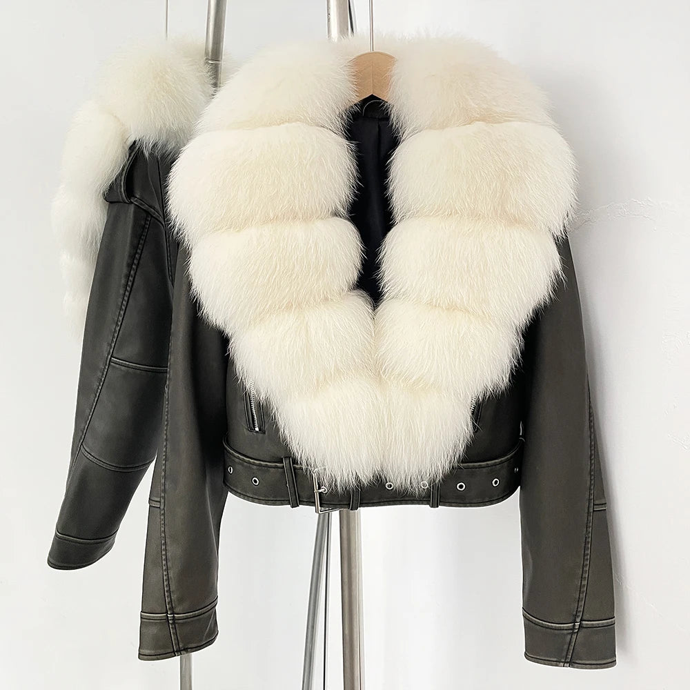 Fake Leather Coat New Natural Fox Fur Autumn Short Faux Leather Jacket Female Spring PU Women Long Sleeve Real Fur Coat Thin - Matrix Studios