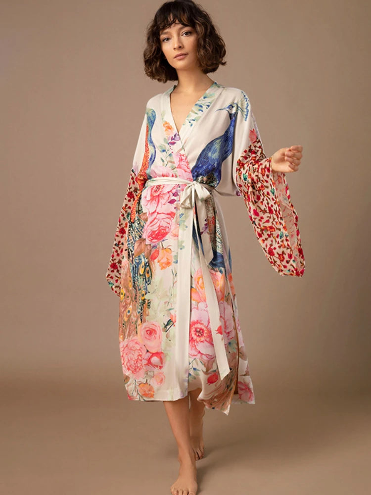 Beach Kimono for Women Peocock Printed Swimsuit Cover Up Self Belted Wrap Dresses Seaside Bathing Suits Beachwear - Matrix Studios