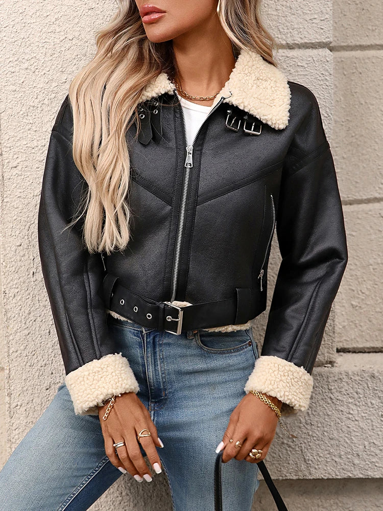 Ailegogo Winter Women Streetwear Faux Lamb Leather Fur Short Jacket with Belt Moto Biker Thick Warm Sheepskin Coat Outwear - Matrix Studios