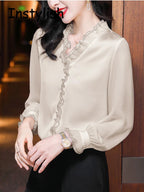 Elegant Women Chiffon Shirt Korean Blouse Office Lace Mesh Long Sleeve Ruffles V NeckTops Casual Vintage Pullovers Blusas 2022 - Matrix-studios.com