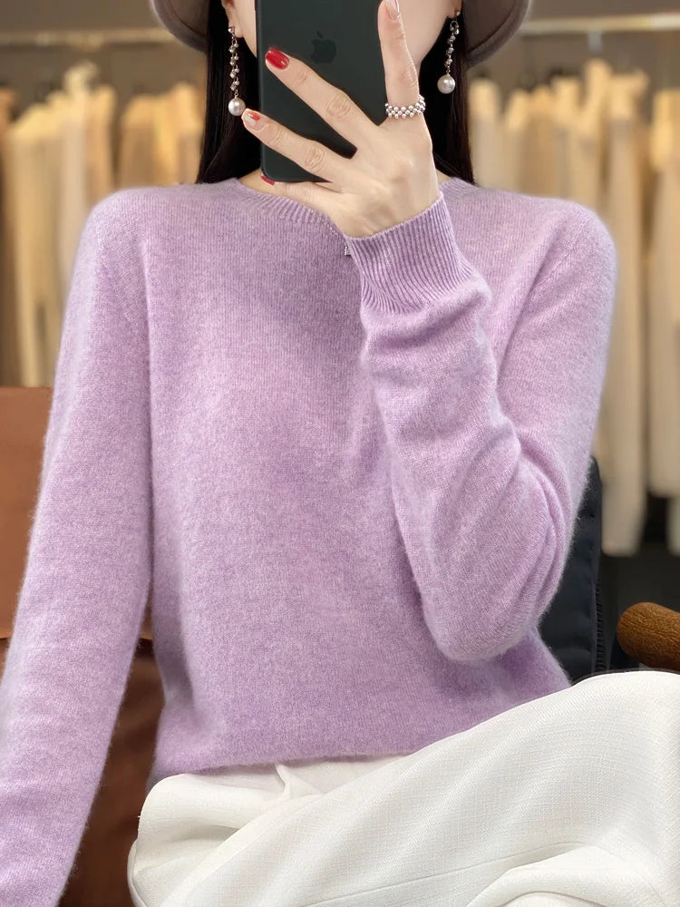 100% Merino Wool Sweater Women O-neck Cashmere Knitwear Female Pullover Autumn Winter Casual Tops Solid Color Soft  Clothing - Matrix Studios