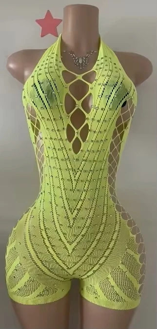 FAGADOER Sexy Hollow-out Rhinestone Patchwork Bodycon Rompers Woman Halter Sleeveless Backless Jumpsuits Female Party Clubwear - Matrix Studios