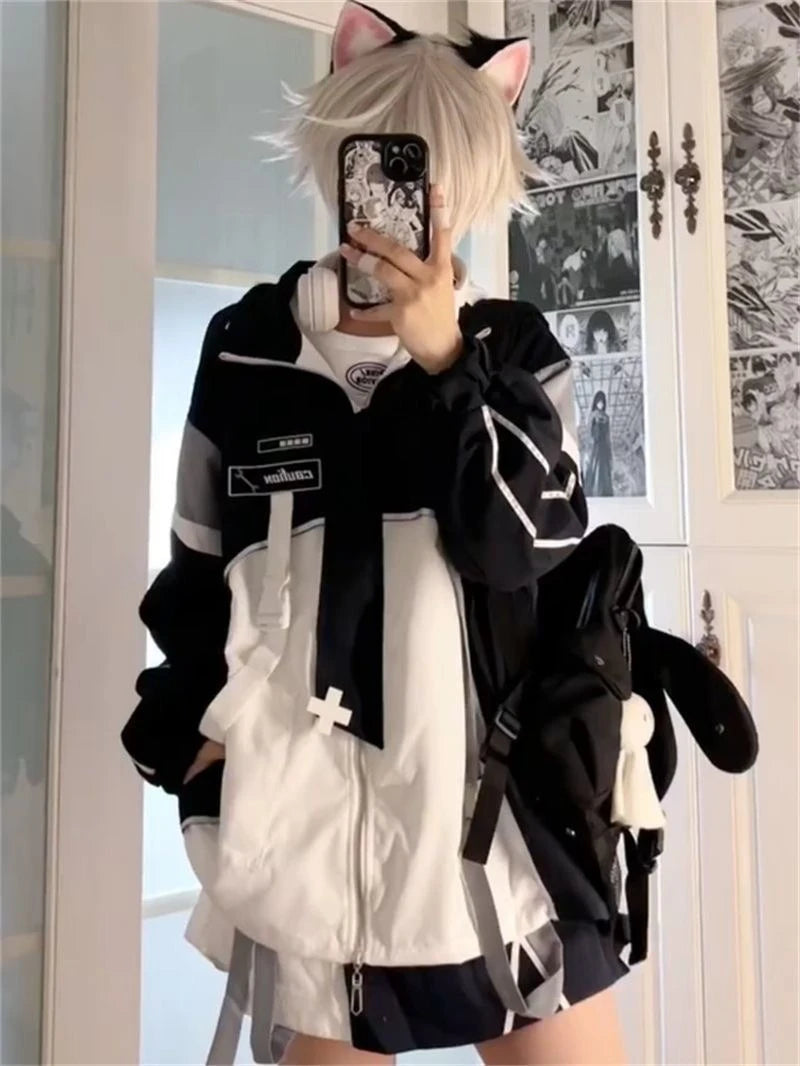 Japanese Sweet Coats Y2K Clothing Hoodie Women Tops Autumn and Winter Color Match Splicing with Thick Velvet Cardigan Jackets - Matrix Studios