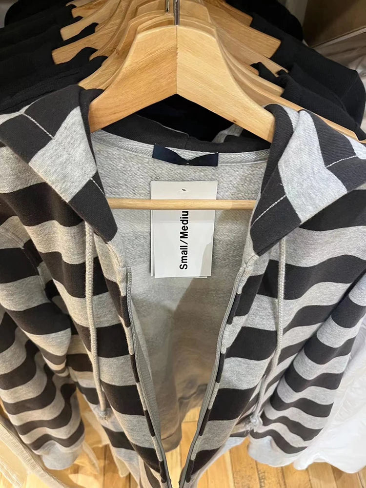 Striped Patchwork Zip-up Hoodie Autumn Cotton Pocket Drawstring Hooded Sweatshirt Women Y2k Streetwear Vintage Loose Tops Jacket - Matrix Studios
