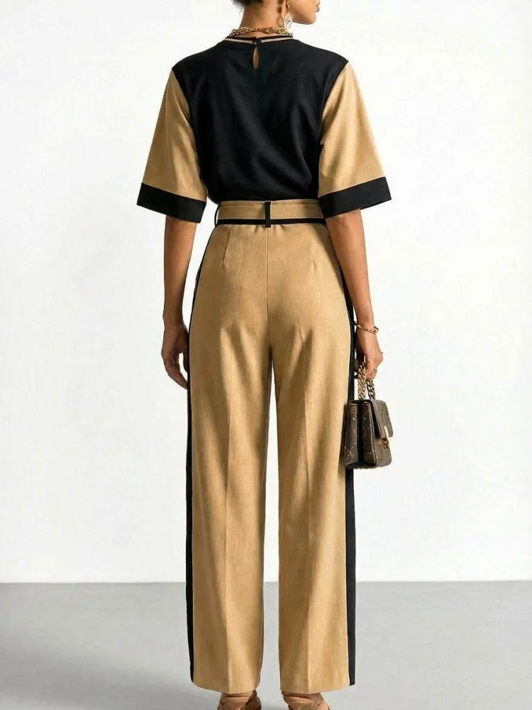 Pants Set Round Neck Mid Sleeve Color Block Top Belted High Waist Wide Leg Pants For Women Business Office Daily Commute Formal Matching Outfit - Matrix-studios.com