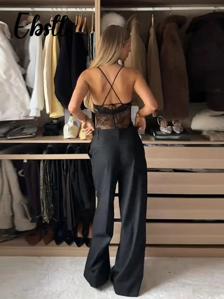 Sexy Lace Halter Jumpsuits Women's Slim Fit V-neck Lace-up Backless Sleeveless Rompers 2026 Summer Ladies New Solid Playsuits - Matrix Studios