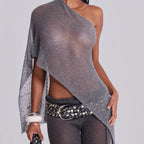 Asymmetrical Women's Knit Sheer Crop Tops Summer One Sleeve Slash Neck Trendy Irregular T-shirt - Matrix Studios