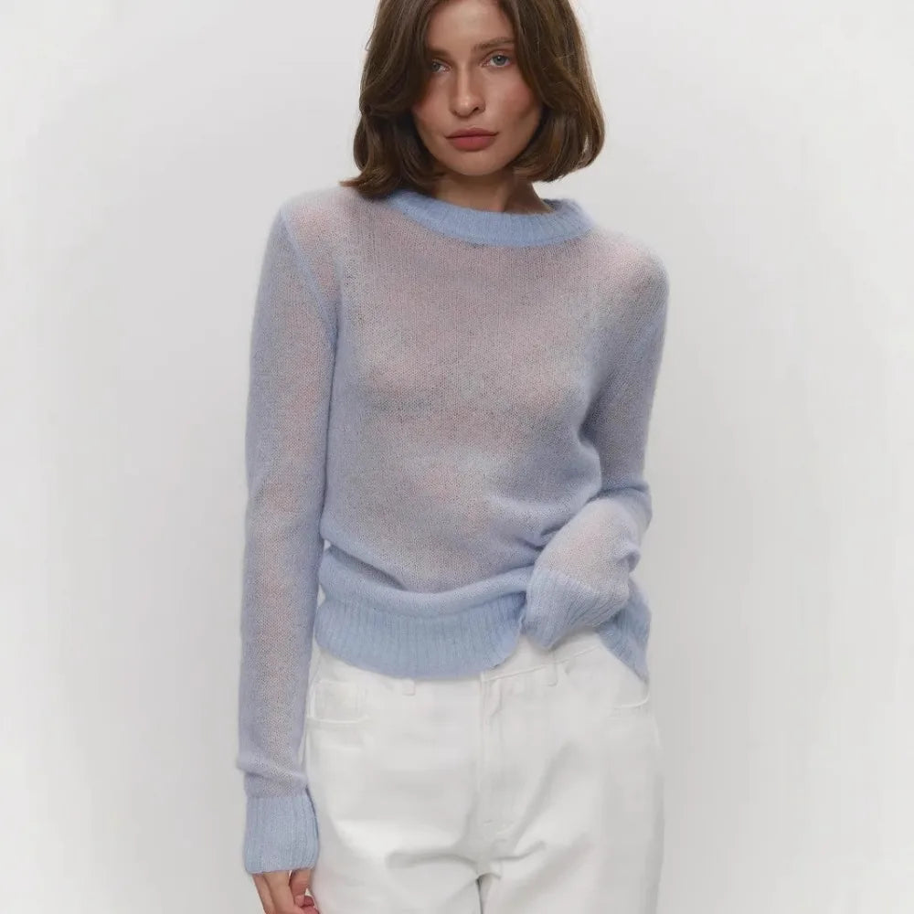 Classic Mohair Knitted Sweater Top Spring and Summer Women's Fashion Micro Perspective Cool Loose Elastic O-neck Knitted Shirt - Matrix Studios