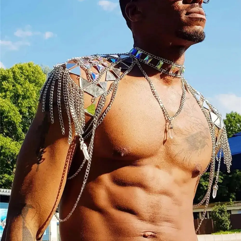 New Solid-Color Handcrafted Heavy-Duty Patchwork Shoulder Chain Acrylic Mirror-Finish Fringe Statement Men's Top - Matrix Studios
