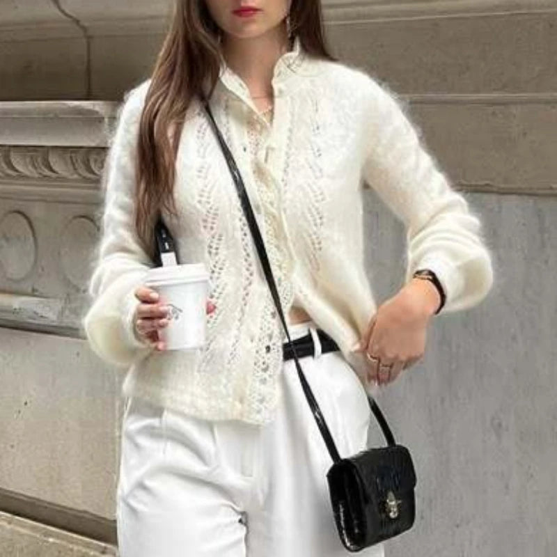 Women's White Cardigan Fashion Hollow Lace Patchwork Loose Sweaters Elegant New Office Basic Autumn Female Cardigan - Matrix Studios