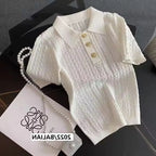 Korean Ice Silk Polo Neck Knitted Shirt Women 2025 Summer Chic Thin Unique Jacquard Short Sleeve Ladies Tops Women’s Clothing - Matrix-studios.com