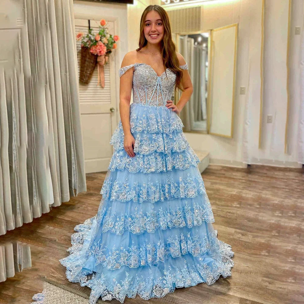 RFYR Puffy Gold Evening Dress Off  Shoulder Vestidos De Noche Sweetheart Layered Prom Dress Appliques Party Dress Customized - Matrix Studios