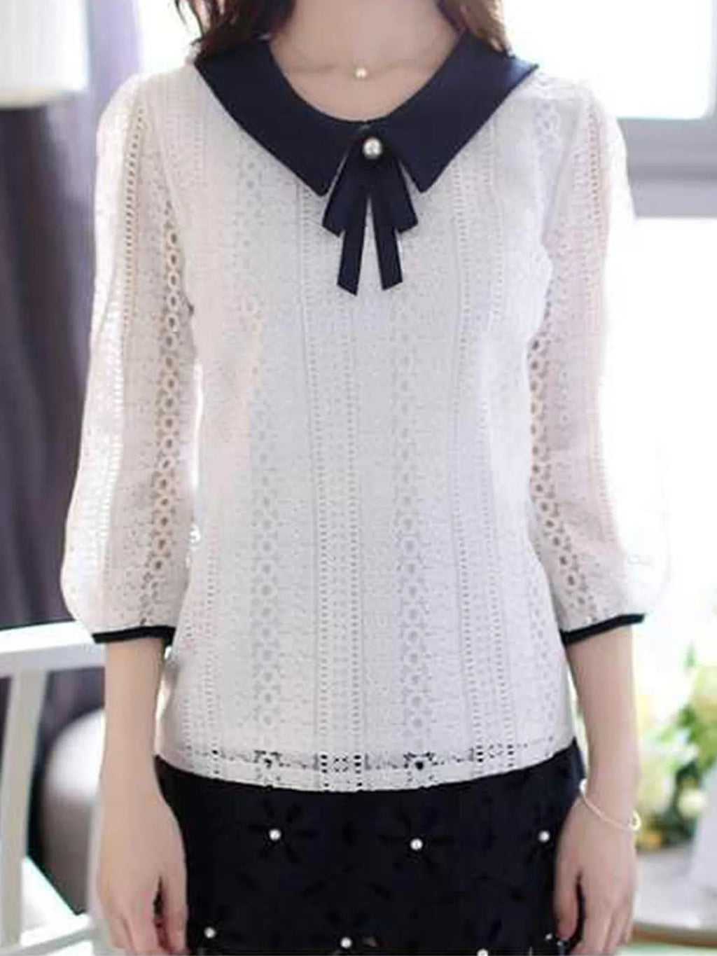 Women's Spring Autumn Style Lace Blouses Shirt Women Peter Pan Collar Solid Color Half Sleeve Elegant Lace Tops SP8676 - Matrix-studios.com