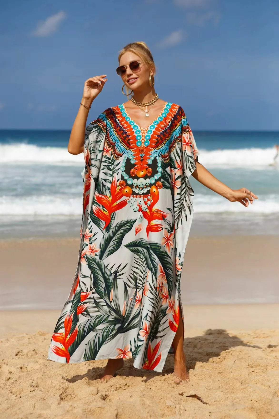 Kaftan Dresses Tropical Printed Cover Ups for Swimwear Women Elegant Maxi Robe Holiday Bathing Suits Dropshipping Hot Sales - Matrix Studios