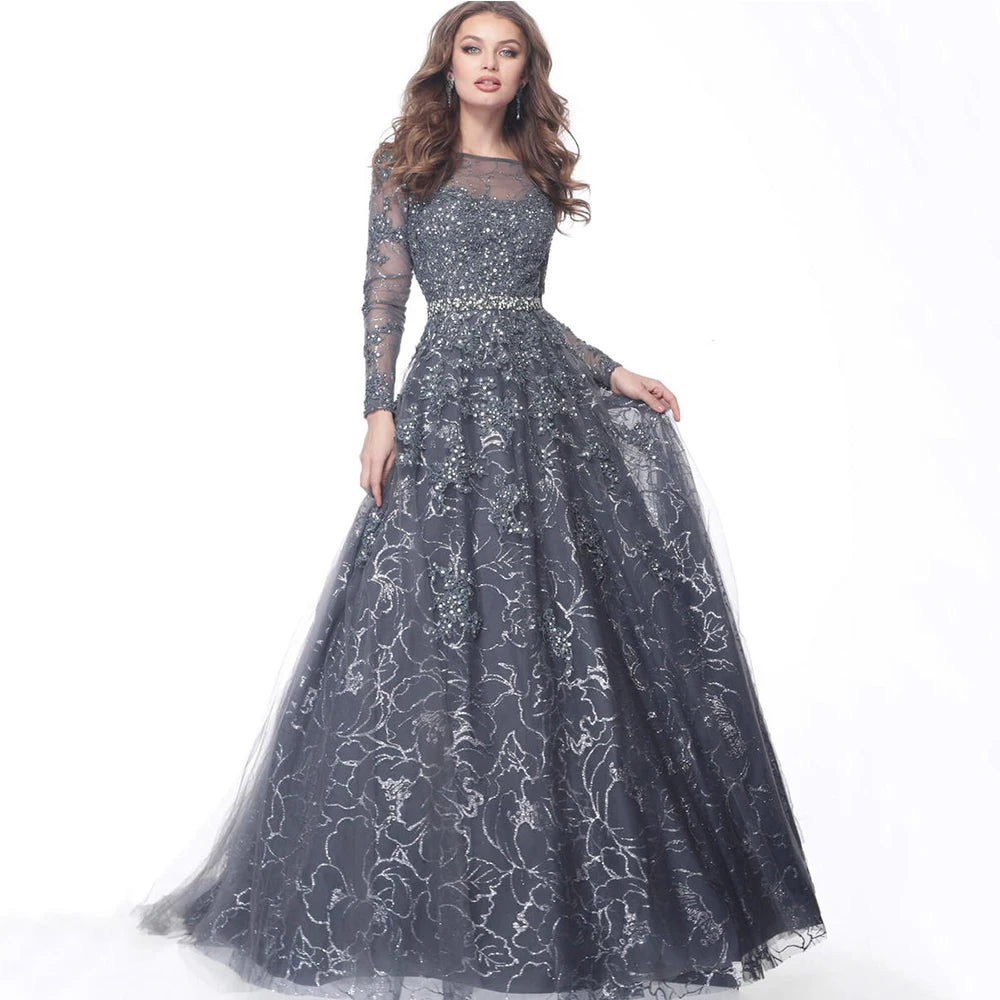 Exquisite Shiny Lace A-Line Prom Dress Scoop Neck Long Sleeves Illusion Tulle Women Floor Length with Beading Belt Party Gowns - Matrix Studios