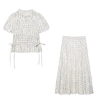 TFAFXY 2026 Summer Bow Plaid Embroidered Blouse Women Sets A-line Midi Long Skirt Suits Y2K - Matrix-studios.com