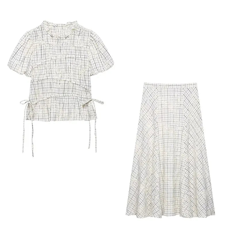 TFAFXY 2026 Summer Bow Plaid Embroidered Blouse Women Sets A-line Midi Long Skirt Suits Y2K - Matrix-studios.com