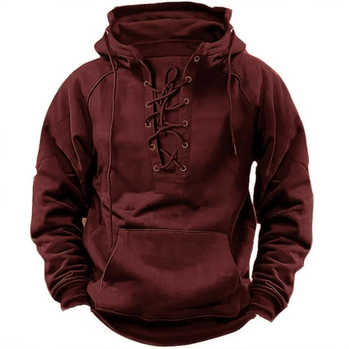 Men's Retro-Style Lace-Up Hooded Sweatshirt Loose-Fitting Long-Sleeved Pullover Pure Color Design for Autumn Winter Hoodie - Matrix Studios