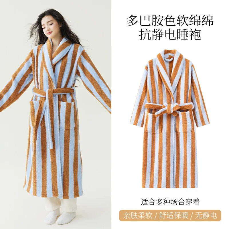 2025 New Autumn/Winter Women's Sleepwear Thick Velvet Warm Robe Couple Coral Velvet Striped Lengthed Home Clothes Bathrobe - Matrix-studios.com