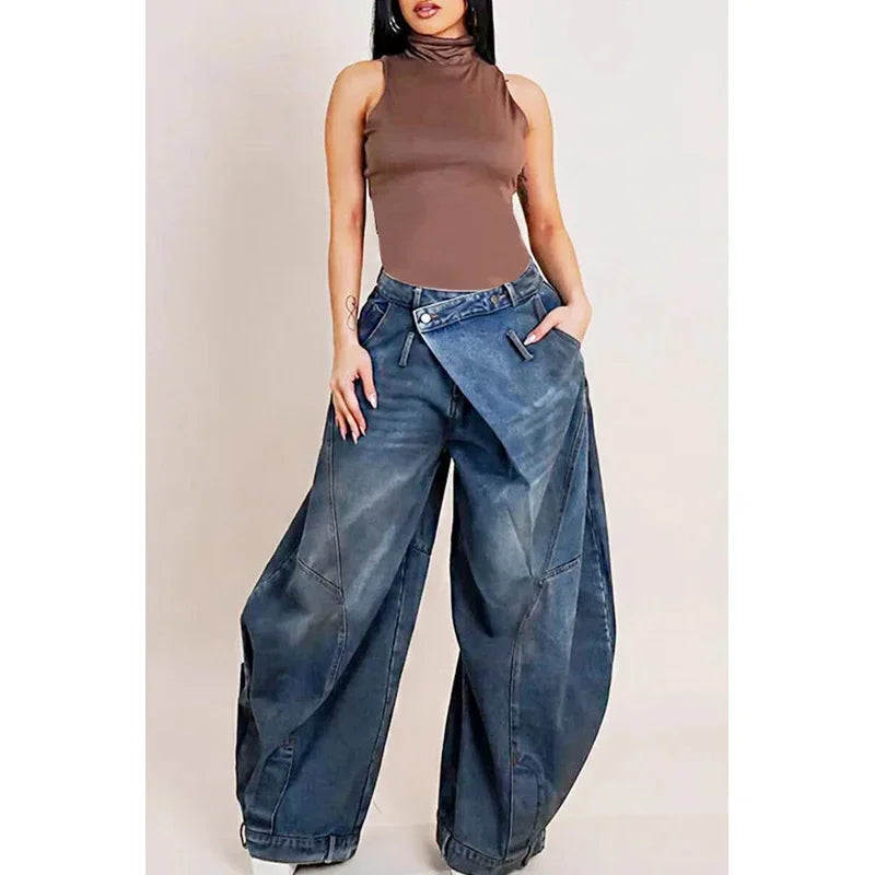 Y2K Women Loose Denim Jeans Asymmetric Button Pocket Washed Jean Casual Harajuku High Street Grunge Denim Trouders Pants - Matrix-studios.com