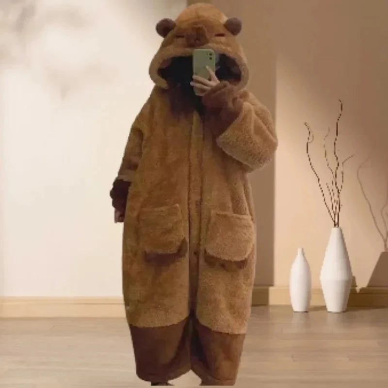 Bathrobe Woman Showerpadded Warm Plus Size Cartoon Bear Pajamas Coffee Color Dressing Gown Coral Velvet One-Piece Pajamas - Matrix-studios.com