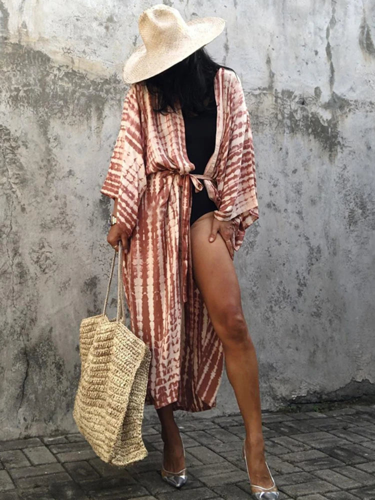 Bikini Cover Up Tie Dye Printed Women Long Beach Kimono Swimsuit Cape 2022 New Summer Beachwear Self Belted Bathing Suit - Matrix Studios
