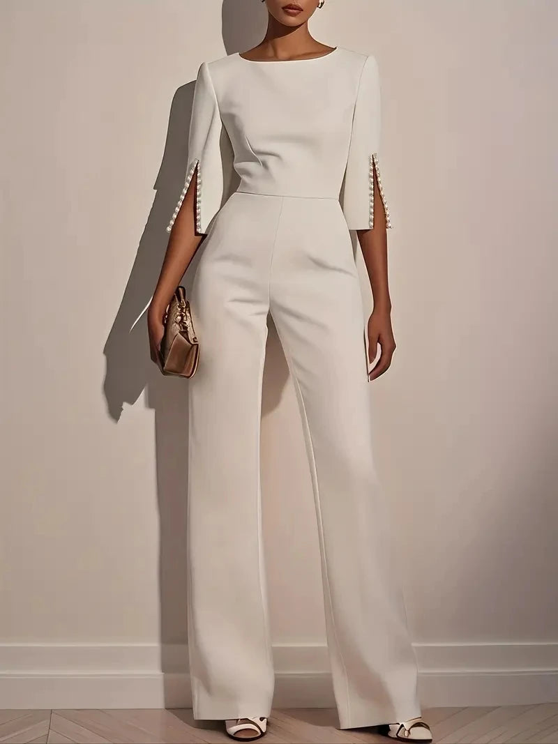 Women's Jumpsuit Casual Solid Color 3/4 Length Sleeve Straight Round Neck Beaded High Waist Daily Going out Regular Fit Black Wh - Matrix Studios