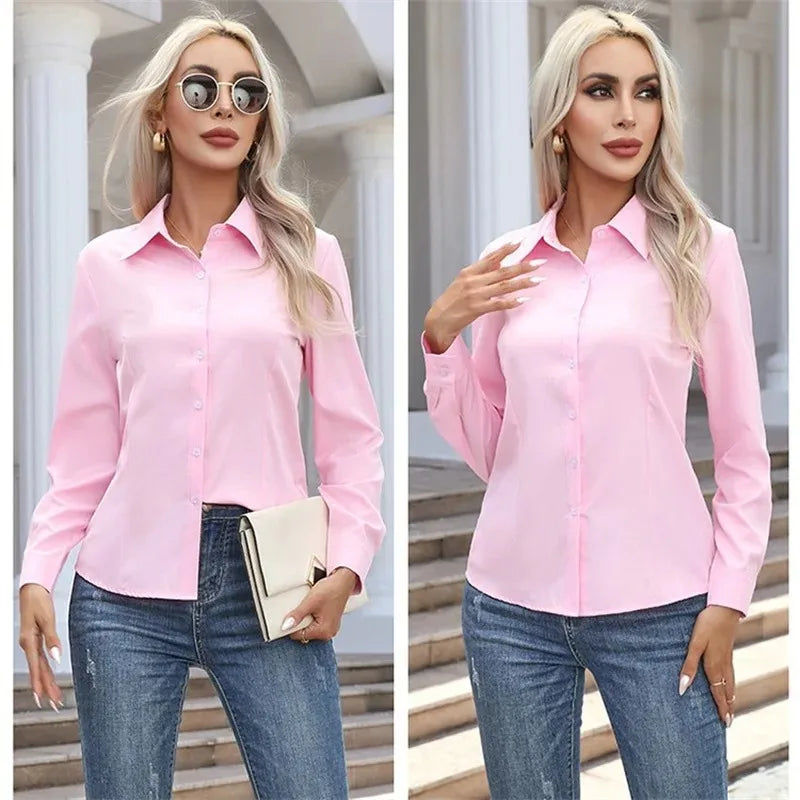 Women Spring Autumn Style Blouses Shirts Lady Casual Long Sleeve Turn-down Collar Solid Color Blouse Tops - Matrix-studios.com