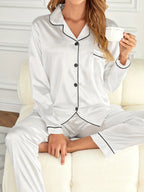 Solid Pajama Set Long Sleeve Button Up Lapel Top & Pants Pj Set Women's Sleepwear & Loungewear - Matrix-studios.com