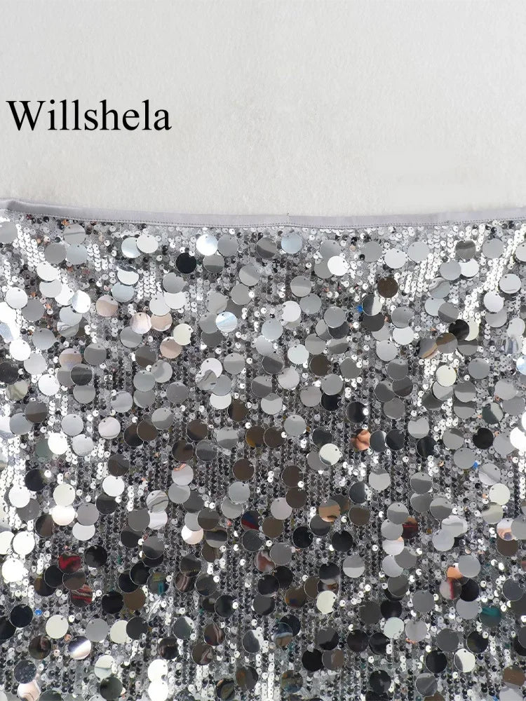 Willshela Women Fashion With Sequined Solid Side Zipper Mini Skirt Vintage High Waist Female Chic Lady Skirts - Matrix-studios.com