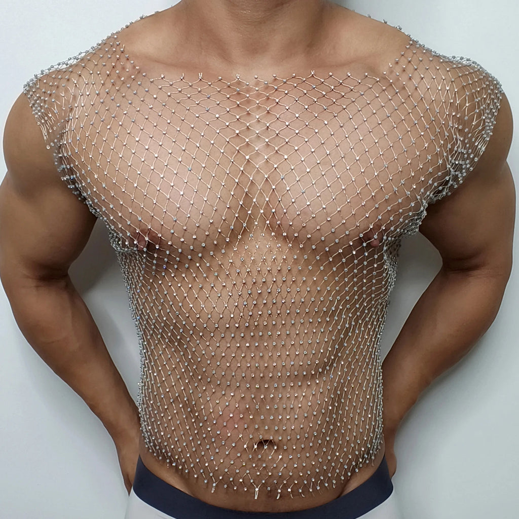 Men Sexy Tank Tops Fishnet Rhinestone Shiny Hollow Vest Man Mesh See-Through Sleeveless T-Shirt Transparent Clothing - Matrix Studios