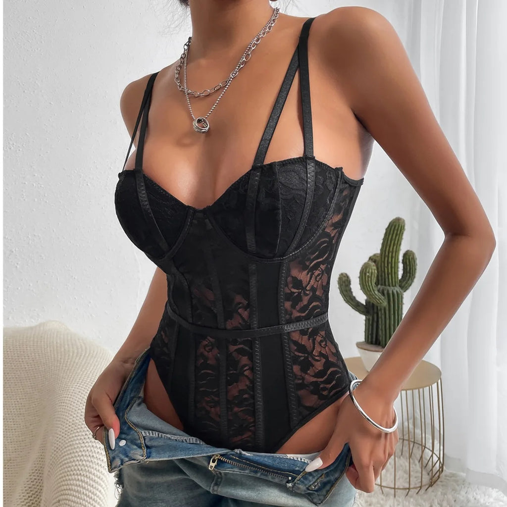 Sexy Lace Bodysuit for Women Bodies Elegant Women's Top 2025 New Summer Solid Bodycon Ribbed Bodysuits - Matrix-studios.com