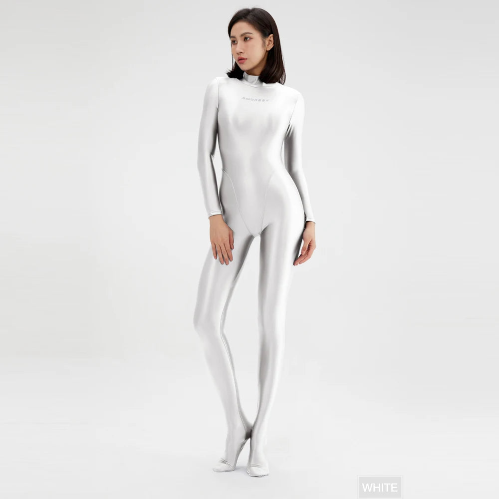2023 AMORESY Women's Catsuit Playsuits Wetlook Shiny Glossy Tights Zipper Leotards Fullbody Overall Zentai Jumpsuits - Matrix Studios