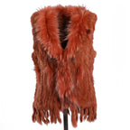 BOONJOVIA Women's 100% Real Rabbit Fur Knitted Vest Raccoon Fur Trim Collar Gilet Lady Fashion Waistcoat For Autumn Winter - Matrix Studios