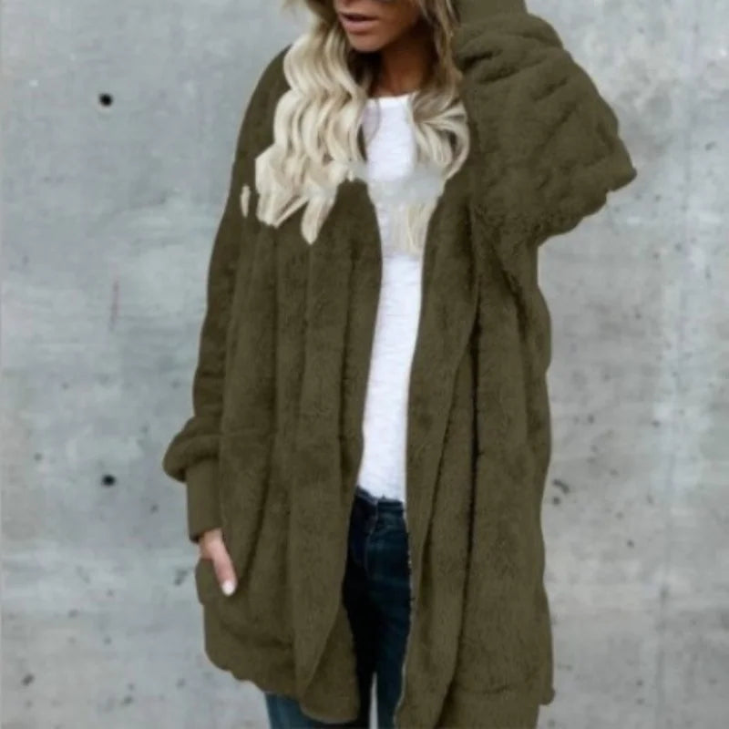 Women Autumn Winter Double-faced Fur Fleece Faux Fur Medium Style Hooded Warm Thick Coat Casual Solid Long-sleeved Fur Overcoat - Matrix Studios
