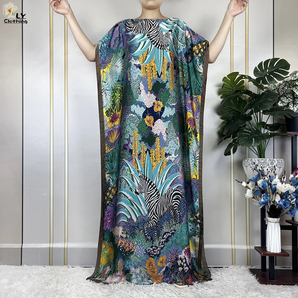 Muslim Abayas For Women 2023 New Fashion Printed Silk Soft Loose Femme Elegant Robe African Maxi Party Dresses With Belt Turban - Matrix-studios.com