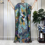 Muslim Abayas For Women 2023 New Fashion Printed Silk Soft Loose Femme Elegant Robe African Maxi Party Dresses With Belt Turban - Matrix-studios.com